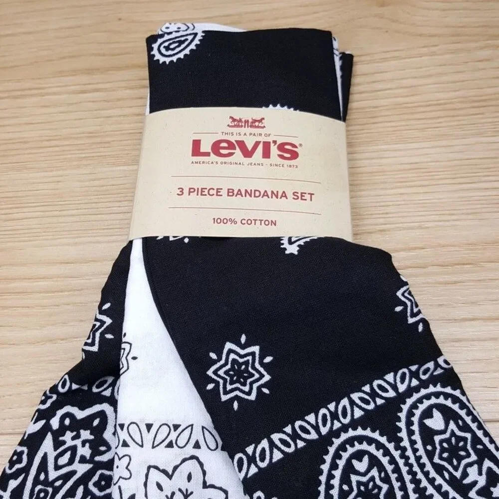 LEVI'S Bandana Set of 3 White Black Paisley 100% Cotton Unisex Handkerchief
